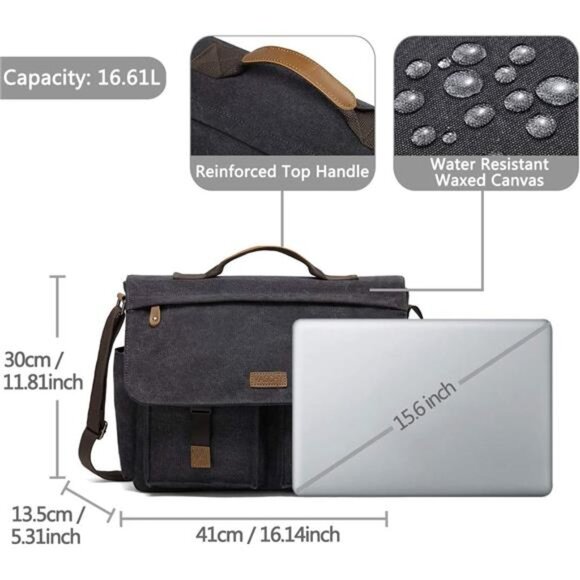 Messenger Bag for Men,Vintage Water Resistant Canvas Satchel 14 15.6 17inch - Picture 3 of 7